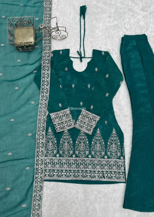 Ground Kept Real image of Green Color Bell Bottom Salwar Suit
