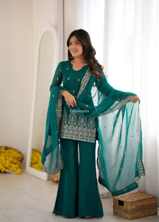 Festival Ready Women wearing Green Color Bell Bottom Salwar Suit