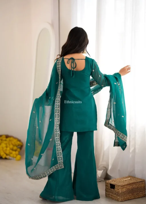 Women Wearing Green Color Bell Bottom Salwar Suit Back Side Image Showing Back Design