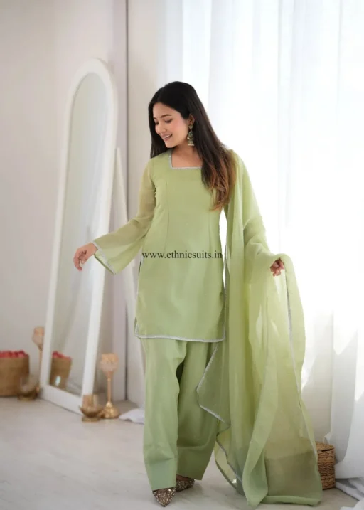 Party Wear Farshi Salwar Suit Under 1500, made in Pista color so it can be wear in parties, wedding and Festive. Most Ordered Farshi Salwar Suit in Festive Season