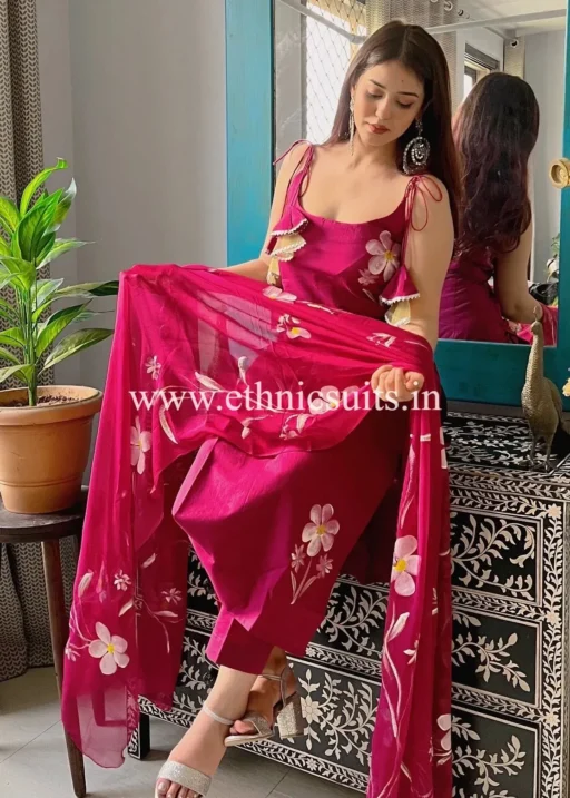 Rani Color Sleeveless Ethnic Suits, Stylish Office Wear Design with hand paint designs and stitched in sleeveless pattern