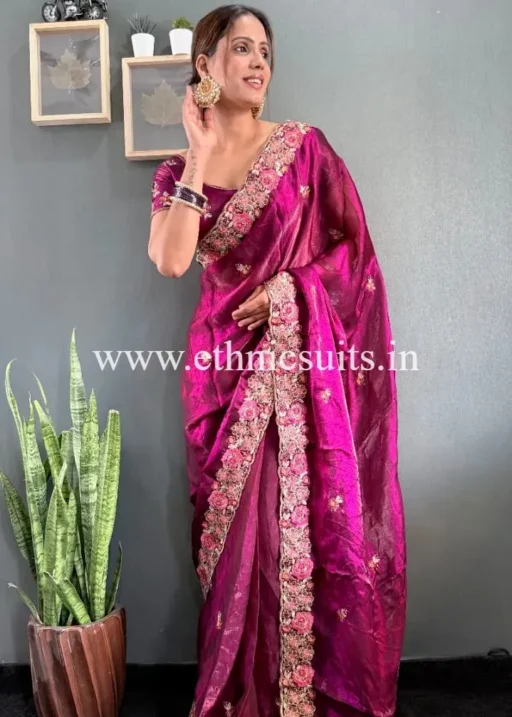 Women Wear wine Color Ready to Wear saree which has thread and zari work with designer cut work border