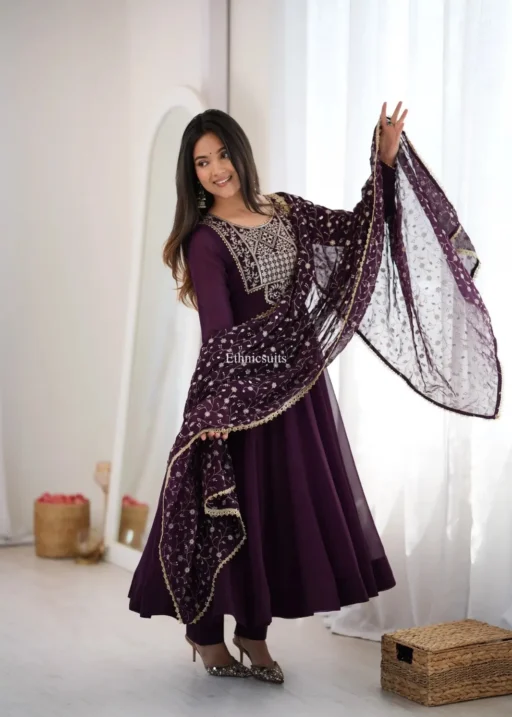 Wine Color Wedding Anarkali Suit with Heavy Dupatta Designed to Wear in weddings and Parties perfect ethnic suits vibe Long Anarkali made in Georgette Fabric with Heavy Embroidery Dupatta work, wine color with golden Embroidery Stylish combination