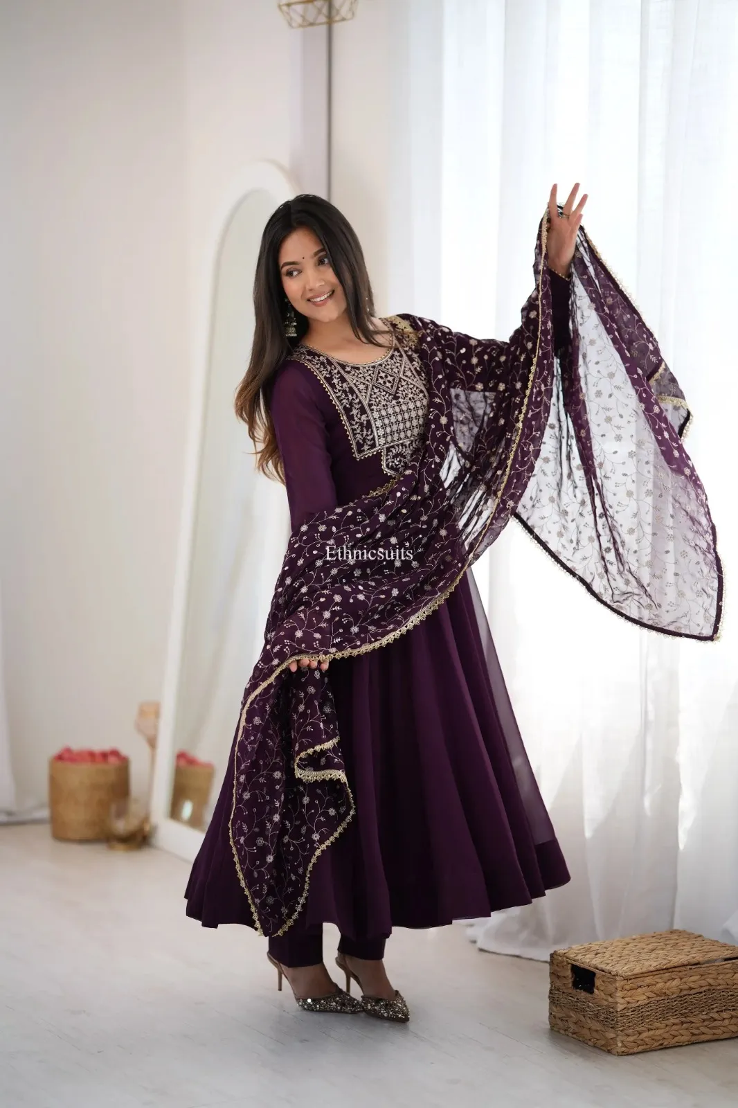 Wine Color Wedding Anarkali Suit with Heavy Dupatta Designed to Wear in weddings and Parties perfect ethnic suits vibe Long Anarkali made in Georgette Fabric with Heavy Embroidery Dupatta work, wine color with golden Embroidery Stylish combination