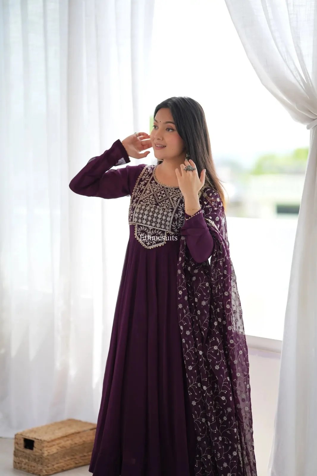 Wine Color Wedding Anarkali Suit with Heavy Dupatta - Image 2