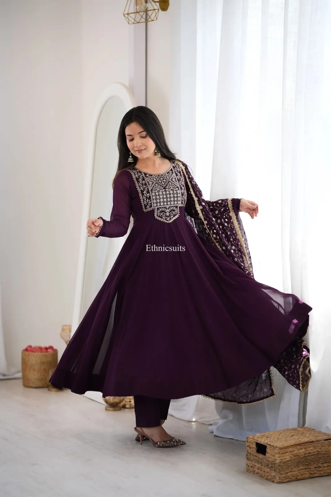 Wine Color Wedding Anarkali Suit with Heavy Dupatta - Image 5