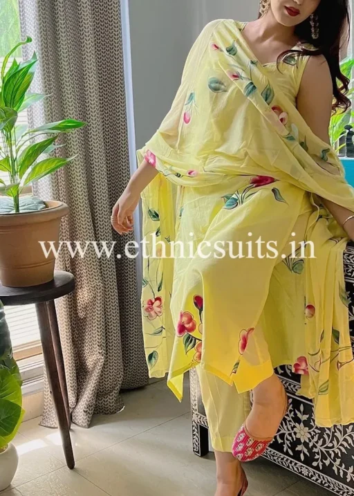 Yellow Sleeveless Kurta Set for Girls Multi Functional Wear Kurta set with trending hand Paint Floral Design